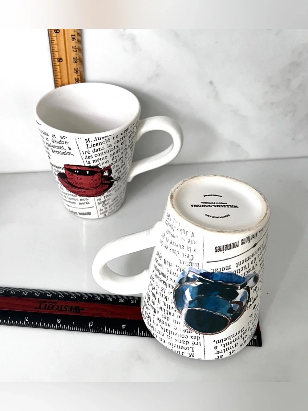 Williams Sonoma Newsprint ceramic coffee mugs red blue graphic prints Portugal 2